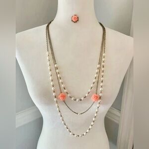 Jewelry necklace pearls & flowers long chain with 1 earring